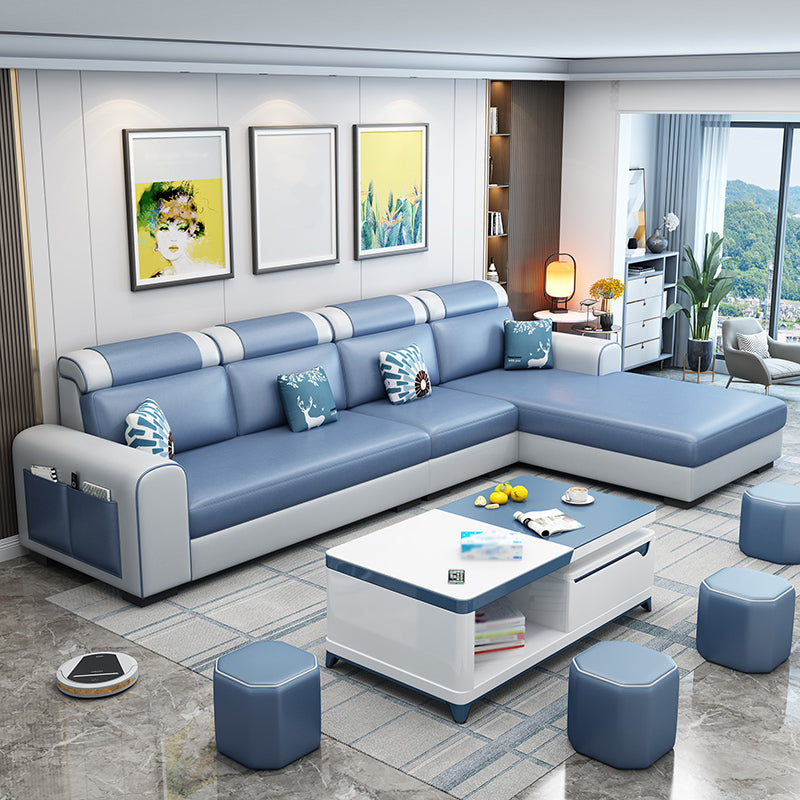 Contemporary Right Hand Facing Sectional with Round Arm and Storage Light Blue Faux Leather Clearhalo 'furn' 'furn_sectionals' 'Furniture' 'furniture_sectionals' 'kitchen' 'kitchen_sectionals' 'Living Room Furniture' 'Sectionals' 4822461