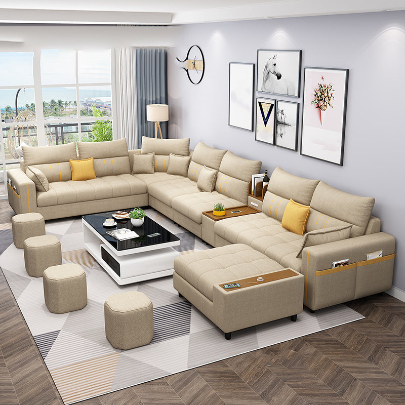 Square Arm Cotton Blend and Faux Leather Sectionals Sofas with Storage Cotton Blend Yellow Clearhalo 'furn' 'furn_sectionals' 'Furniture' 'furniture_sectionals' 'kitchen' 'kitchen_sectionals' 'Living Room Furniture' 'Sectionals' 4822536