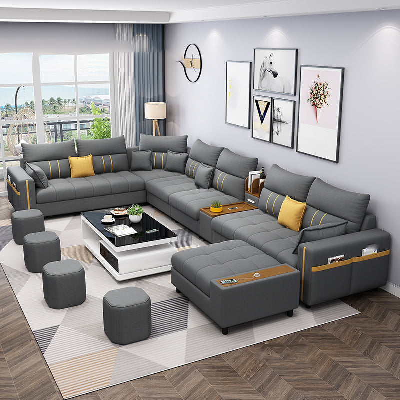 Square Arm Cotton Blend and Faux Leather Sectionals Sofas with Storage Cotton Blend Dark Gray Clearhalo 'furn' 'furn_sectionals' 'Furniture' 'furniture_sectionals' 'kitchen' 'kitchen_sectionals' 'Living Room Furniture' 'Sectionals' 4822538