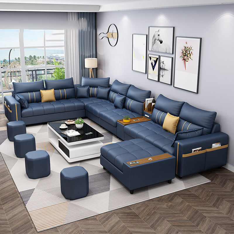Square Arm Cotton Blend and Faux Leather Sectionals Sofas with Storage Cotton Blend Dark Blue Clearhalo 'furn' 'furn_sectionals' 'Furniture' 'furniture_sectionals' 'kitchen' 'kitchen_sectionals' 'Living Room Furniture' 'Sectionals' 4822539