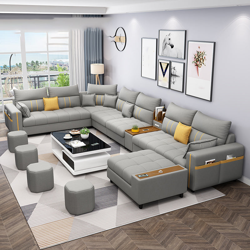 Square Arm Cotton Blend and Faux Leather Sectionals Sofas with Storage Cotton Blend Silver Clearhalo 'furn' 'furn_sectionals' 'Furniture' 'furniture_sectionals' 'kitchen' 'kitchen_sectionals' 'Living Room Furniture' 'Sectionals' 4822540