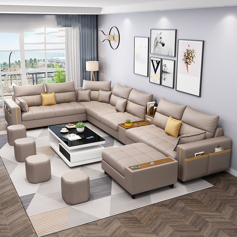 Square Arm Cotton Blend and Faux Leather Sectionals Sofas with Storage Cotton Blend Orange Clearhalo 'furn' 'furn_sectionals' 'Furniture' 'furniture_sectionals' 'kitchen' 'kitchen_sectionals' 'Living Room Furniture' 'Sectionals' 4822542