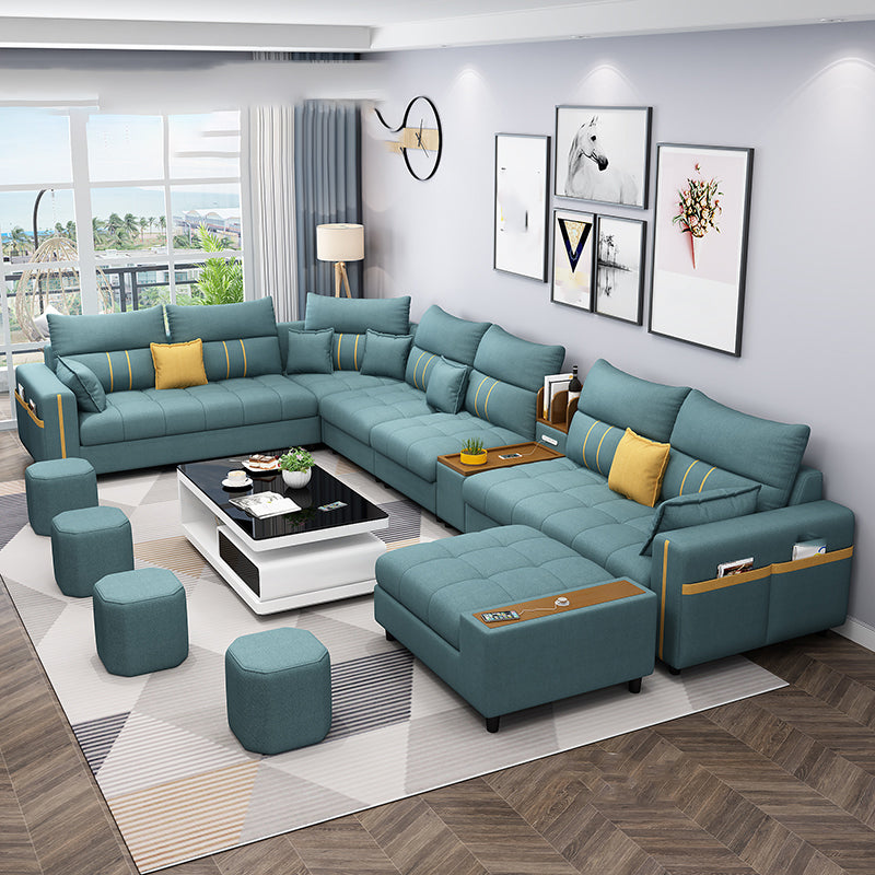 Square Arm Cotton Blend and Faux Leather Sectionals Sofas with Storage Cotton Blend Green Clearhalo 'furn' 'furn_sectionals' 'Furniture' 'furniture_sectionals' 'kitchen' 'kitchen_sectionals' 'Living Room Furniture' 'Sectionals' 4822544