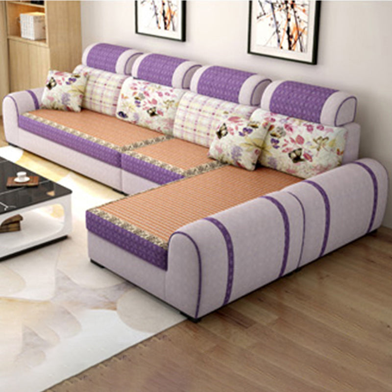 120.08"L x 70.87"W x 37.4"H Farmhouse Fabric Cushion Back Sectionals with Pillows Light Purple Clearhalo 'furn' 'furn_sectionals' 'Furniture' 'furniture_sectionals' 'kitchen' 'kitchen_sectionals' 'Living Room Furniture' 'Sectionals' 4822668