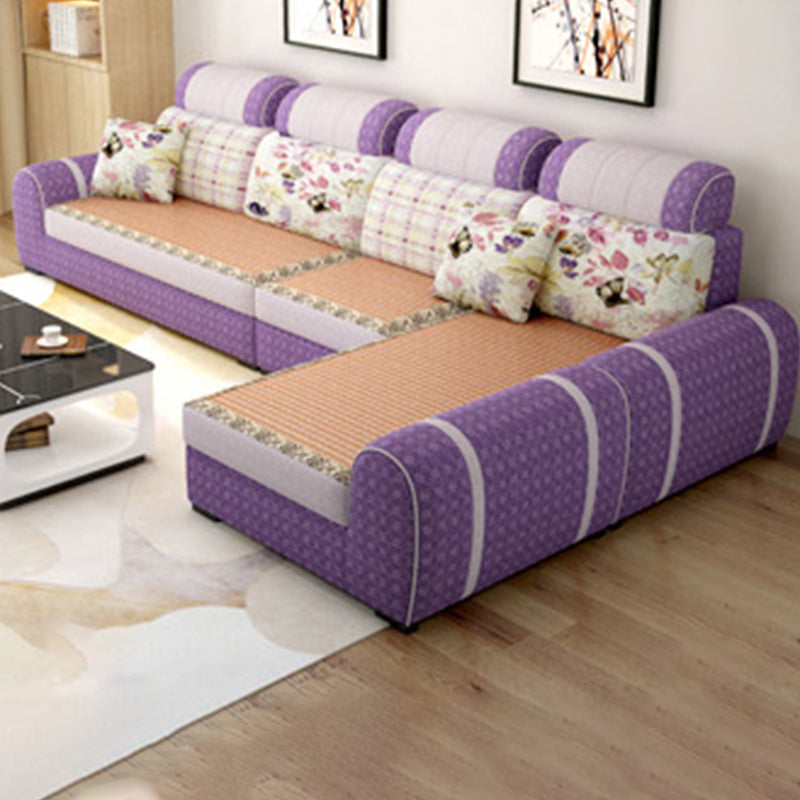 120.08"L x 70.87"W x 37.4"H Farmhouse Fabric Cushion Back Sectionals with Pillows Purple Clearhalo 'furn' 'furn_sectionals' 'Furniture' 'furniture_sectionals' 'kitchen' 'kitchen_sectionals' 'Living Room Furniture' 'Sectionals' 4822669