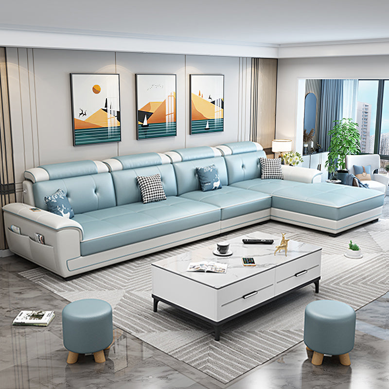 133.07" L x 70.86" W x 35.43" H Stain-Resistant Faux Leather Pillow Top Arm Sectionals Green Grey Clearhalo 'furn' 'furn_sectionals' 'Furniture' 'furniture_sectionals' 'kitchen' 'kitchen_sectionals' 'Living Room Furniture' 'Sectionals' 4822681