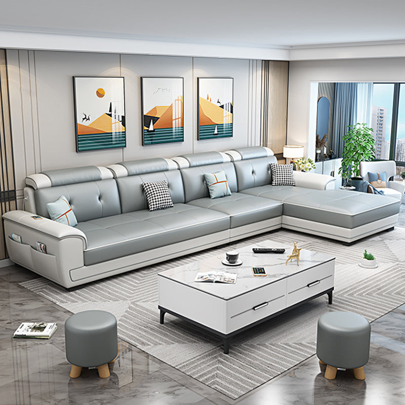 133.07" L x 70.86" W x 35.43" H Stain-Resistant Faux Leather Pillow Top Arm Sectionals Gray-White Clearhalo 'furn' 'furn_sectionals' 'Furniture' 'furniture_sectionals' 'kitchen' 'kitchen_sectionals' 'Living Room Furniture' 'Sectionals' 4822684