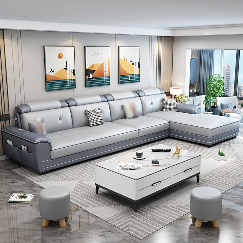 133.07" L x 70.86" W x 35.43" H Stain-Resistant Faux Leather Pillow Top Arm Sectionals Dark Grey Light Grey Clearhalo 'furn' 'furn_sectionals' 'Furniture' 'furniture_sectionals' 'kitchen' 'kitchen_sectionals' 'Living Room Furniture' 'Sectionals' 4822687