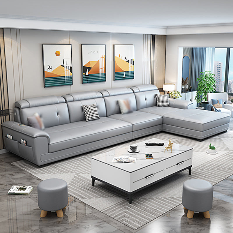 133.07" L x 70.86" W x 35.43" H Stain-Resistant Faux Leather Pillow Top Arm Sectionals Silver Gray Clearhalo 'furn' 'furn_sectionals' 'Furniture' 'furniture_sectionals' 'kitchen' 'kitchen_sectionals' 'Living Room Furniture' 'Sectionals' 4822689