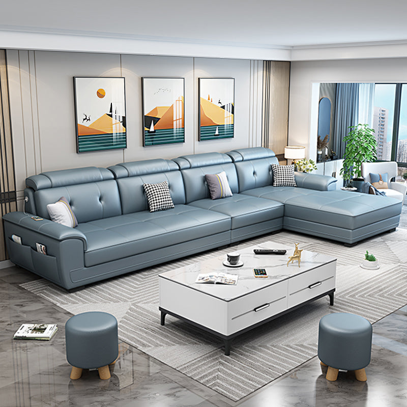 133.07" L x 70.86" W x 35.43" H Stain-Resistant Faux Leather Pillow Top Arm Sectionals Gray-Blue Clearhalo 'furn' 'furn_sectionals' 'Furniture' 'furniture_sectionals' 'kitchen' 'kitchen_sectionals' 'Living Room Furniture' 'Sectionals' 4822709