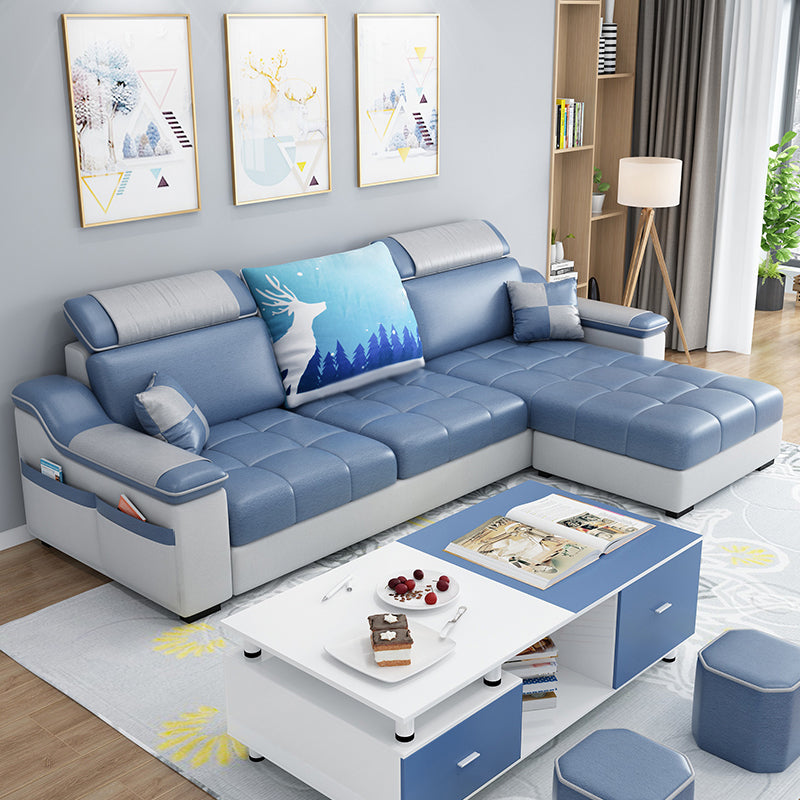 Modern Square Arm Sectionals 106.3"L x 57"W x 35.43"H High Back Sofa with Storage Ocean Blue Faux Leather Clearhalo 'furn' 'furn_sectionals' 'Furniture' 'furniture_sectionals' 'kitchen' 'kitchen_sectionals' 'Living Room Furniture' 'Sectionals' 4822741