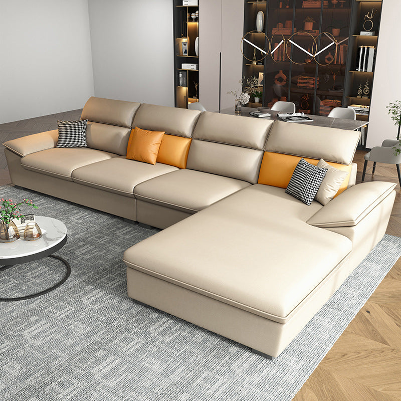Pillow Top Arms Stain-Resistant Soft Modular Sectionals with Reversible Chaise Beige Right Clearhalo 'furn' 'furn_sectionals' 'Furniture' 'furniture_sectionals' 'kitchen' 'kitchen_sectionals' 'Living Room Furniture' 'Sectionals' 4822796
