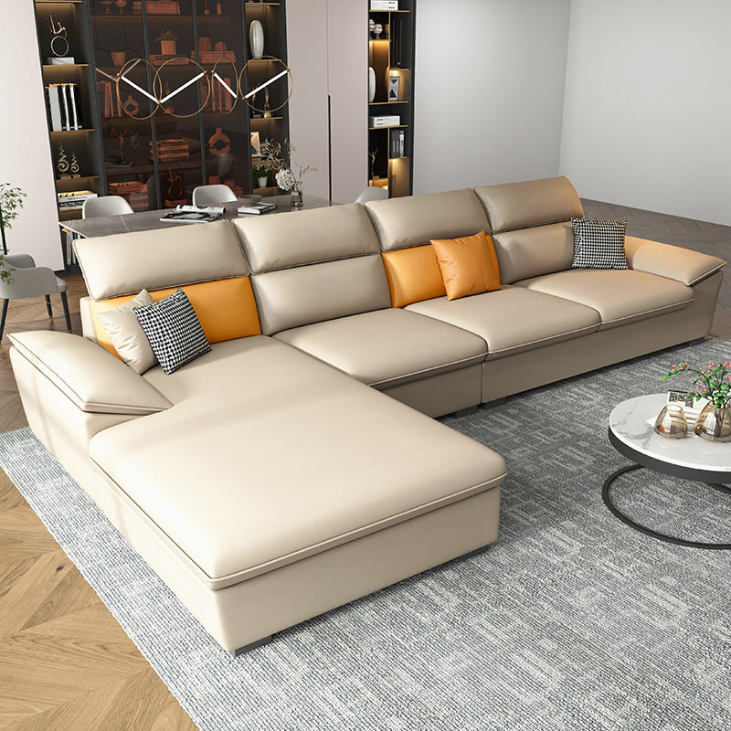Pillow Top Arms Stain-Resistant Soft Modular Sectionals with Reversible Chaise Beige Left Clearhalo 'furn' 'furn_sectionals' 'Furniture' 'furniture_sectionals' 'kitchen' 'kitchen_sectionals' 'Living Room Furniture' 'Sectionals' 4822798