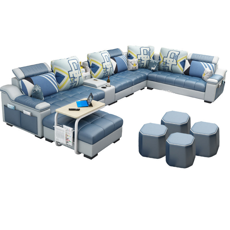 Sloped Arms Pillowed Back Cushions Sectionals Sofas for Living Room Lake Blue Clearhalo 'furn' 'furn_sectionals' 'Furniture' 'furniture_sectionals' 'kitchen' 'kitchen_sectionals' 'Living Room Furniture' 'Sectionals' 4822823