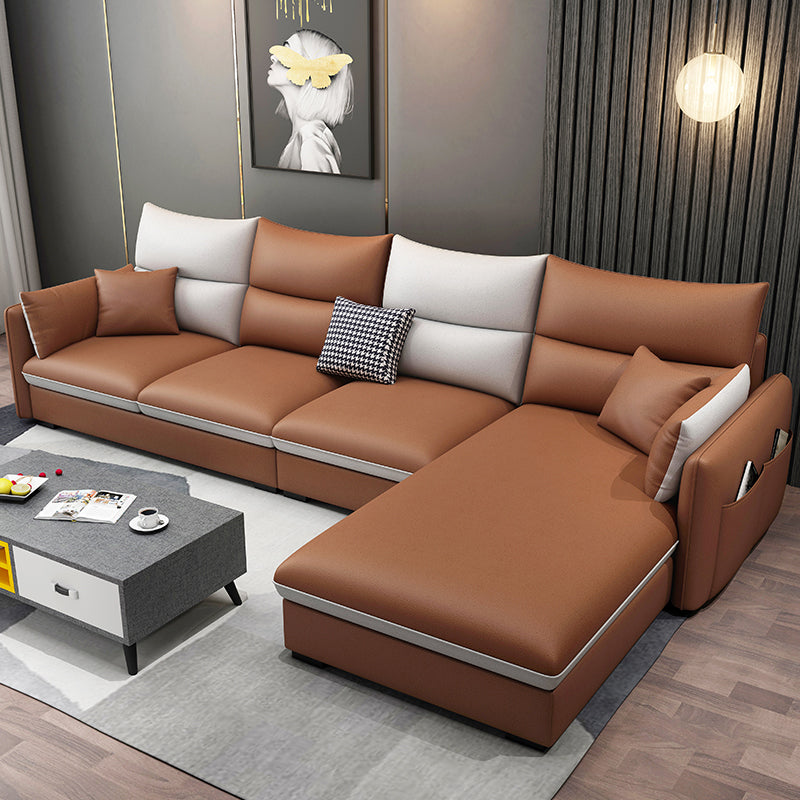 Square Arm Pillowed Back Cushions 4-Seater Sectional Sofa with Chaise Faux Leather Orange Clearhalo 'furn' 'furn_sectionals' 'Furniture' 'furniture_sectionals' 'kitchen' 'kitchen_sectionals' 'Living Room Furniture' 'Sectionals' 4822833