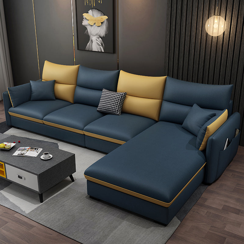Square Arm Pillowed Back Cushions 4-Seater Sectional Sofa with Chaise Faux Leather Dark Blue Clearhalo 'furn' 'furn_sectionals' 'Furniture' 'furniture_sectionals' 'kitchen' 'kitchen_sectionals' 'Living Room Furniture' 'Sectionals' 4822834