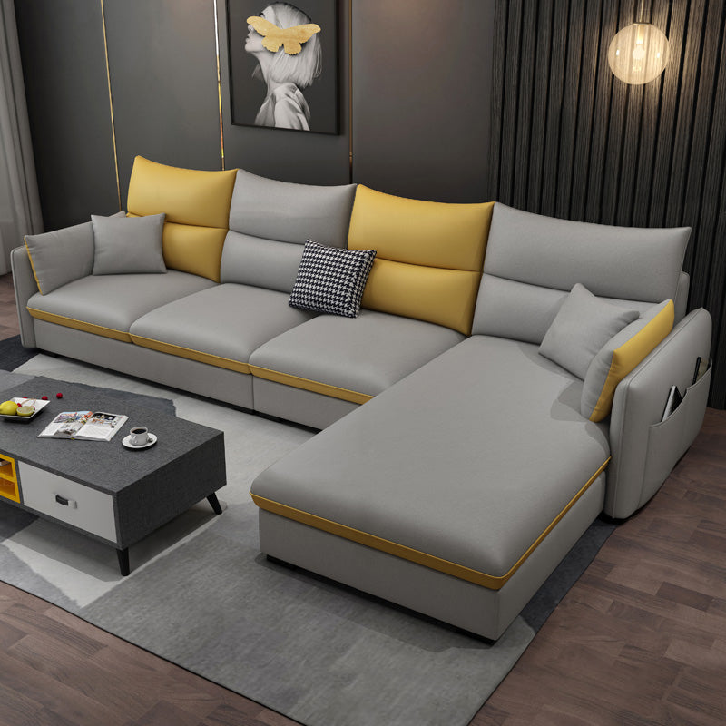 Square Arm Pillowed Back Cushions 4-Seater Sectional Sofa with Chaise Faux Leather Light Grey Clearhalo 'furn' 'furn_sectionals' 'Furniture' 'furniture_sectionals' 'kitchen' 'kitchen_sectionals' 'Living Room Furniture' 'Sectionals' 4822844