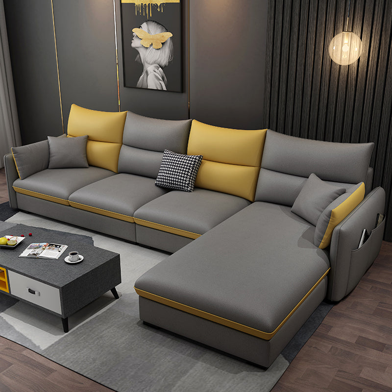 Square Arm Pillowed Back Cushions 4-Seater Sectional Sofa with Chaise Faux Leather Gray Latex Clearhalo 'furn' 'furn_sectionals' 'Furniture' 'furniture_sectionals' 'kitchen' 'kitchen_sectionals' 'Living Room Furniture' 'Sectionals' 4822845