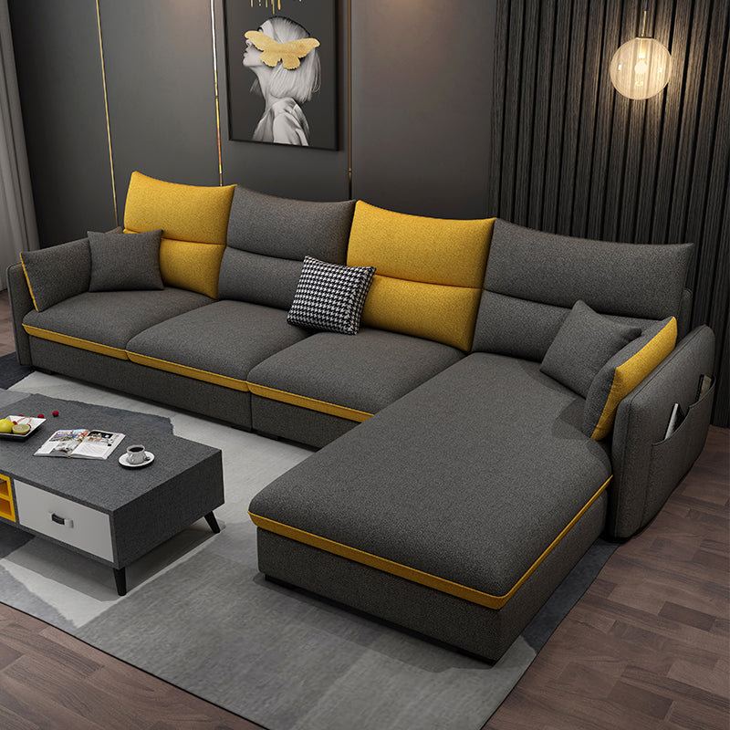 Square Arm Pillowed Back Cushions 4-Seater Sectional Sofa with Chaise Cotton Blend Dark Gray Latex Clearhalo 'furn' 'furn_sectionals' 'Furniture' 'furniture_sectionals' 'kitchen' 'kitchen_sectionals' 'Living Room Furniture' 'Sectionals' 4822847