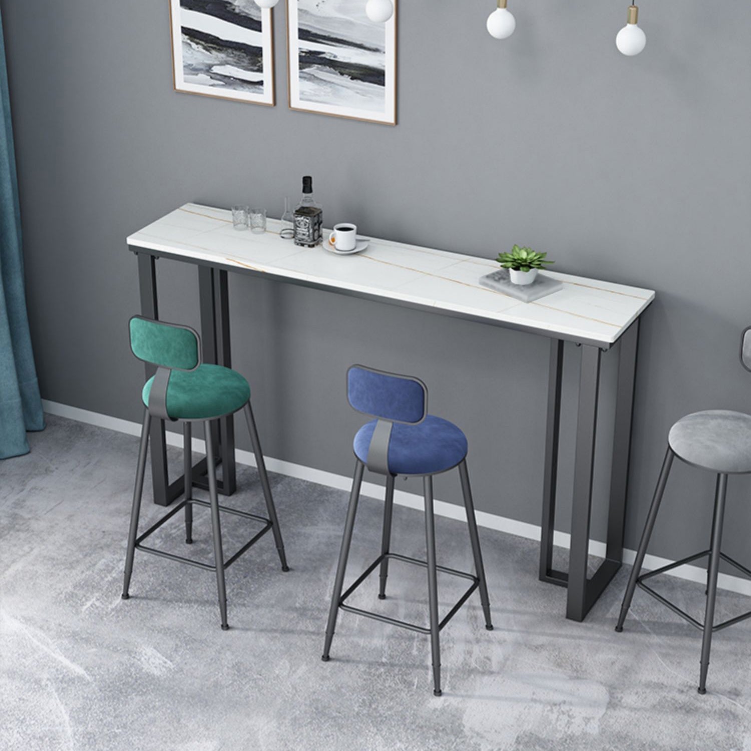 Modern Style Bar Table 42-inch Height Stone Top and Metal Base Bistro Table 78.7"L x 15.7"W x 41.3"H White-Gold Without Chairs Clearhalo 'Bar Furniture' 'Bar Tables' 'bar_tables' 'furn' 'furn_bar_tables' 'Furniture' 'furniture_bar_tables' 'Kitchen & Dining Furniture' 4829078