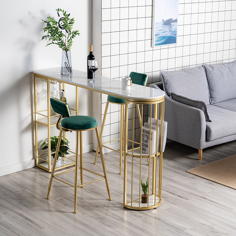 Glam Iron Bar Dining Table White Faux Marble Top Indoor Bistro Table with 2-Shelf 63"L x 15.7"W x 41.3"H Gold Without Chairs Clearhalo 'Bar Furniture' 'Bar Tables' 'bar_tables' 'furn' 'furn_bar_tables' 'Furniture' 'furniture_bar_tables' 'Kitchen & Dining Furniture' 4829169