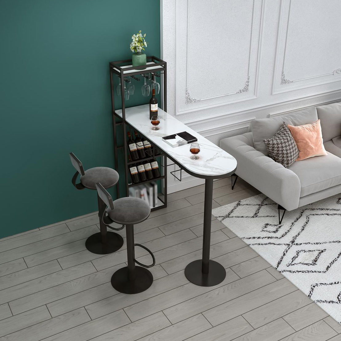Modern Iron Bar Dining Table White Faux Marble Indoor Bistro Table with Wine Rack 63"L x 15.7"W x 41.3"H Black Without Chairs Clearhalo 'Bar Furniture' 'Bar Tables' 'bar_tables' 'furn' 'furn_bar_tables' 'Furniture' 'furniture_bar_tables' 'Kitchen & Dining Furniture' 4829209