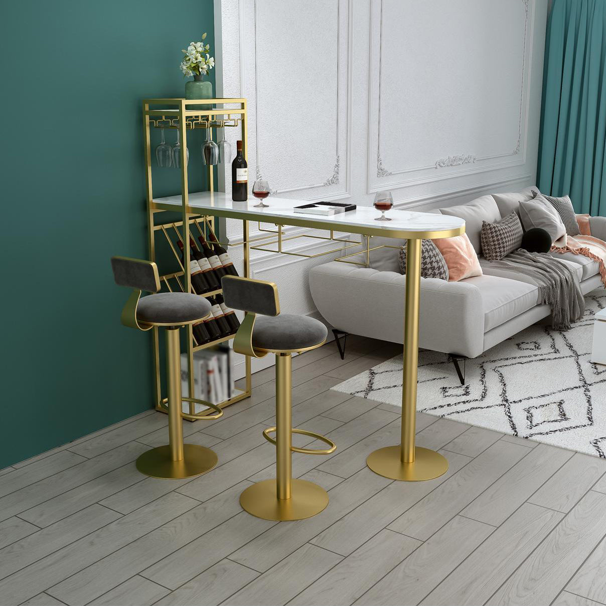 Modern Iron Bar Dining Table White Faux Marble Indoor Bistro Table with Wine Rack 55.1"L x 15.7"W x 41.3"H Gold Without Chairs Clearhalo 'Bar Furniture' 'Bar Tables' 'bar_tables' 'furn' 'furn_bar_tables' 'Furniture' 'furniture_bar_tables' 'Kitchen & Dining Furniture' 4829210