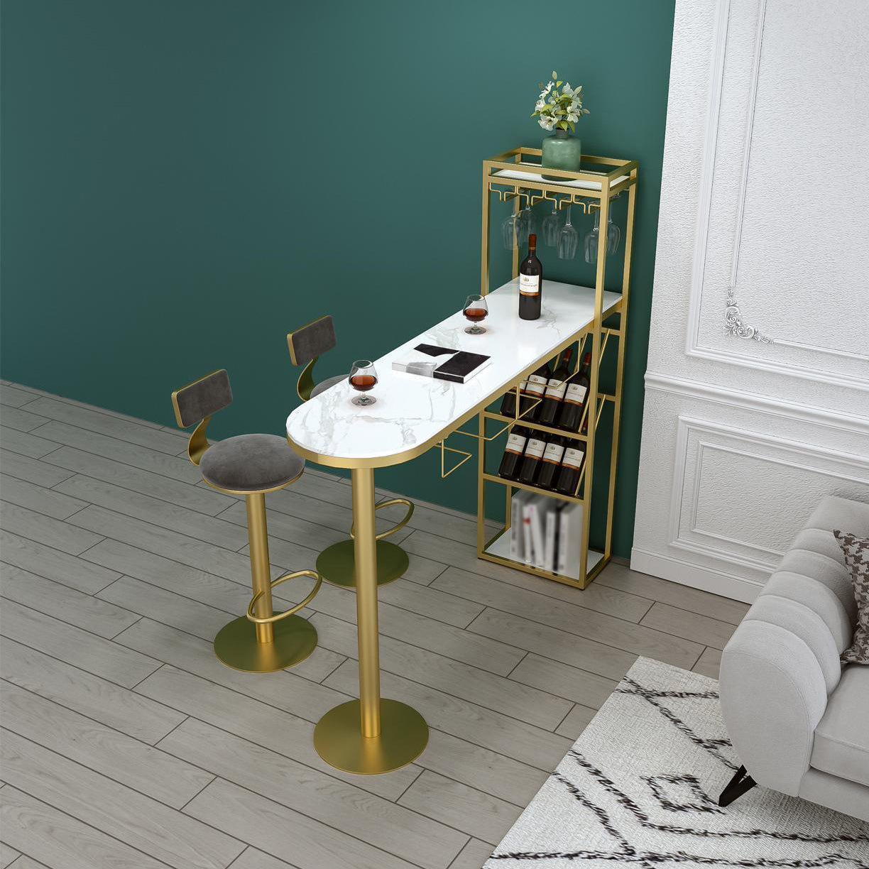 Modern Iron Bar Dining Table White Faux Marble Indoor Bistro Table with Wine Rack 63"L x 15.7"W x 41.3"H Gold Without Chairs Clearhalo 'Bar Furniture' 'Bar Tables' 'bar_tables' 'furn' 'furn_bar_tables' 'Furniture' 'furniture_bar_tables' 'Kitchen & Dining Furniture' 4829211