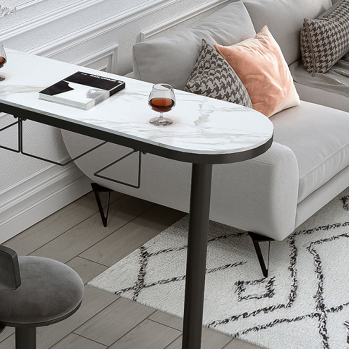 Modern Iron Bar Dining Table White Faux Marble Indoor Bistro Table with Wine Rack Clearhalo 'Bar Furniture' 'Bar Tables' 'bar_tables' 'furn' 'furn_bar_tables' 'Furniture' 'furniture_bar_tables' 'Kitchen & Dining Furniture' 4829214
