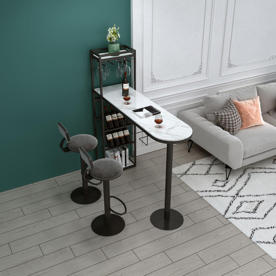 Modern Iron Bar Dining Table White Faux Marble Indoor Bistro Table with Wine Rack Clearhalo 'Bar Furniture' 'Bar Tables' 'bar_tables' 'furn' 'furn_bar_tables' 'Furniture' 'furniture_bar_tables' 'Kitchen & Dining Furniture' 4829217