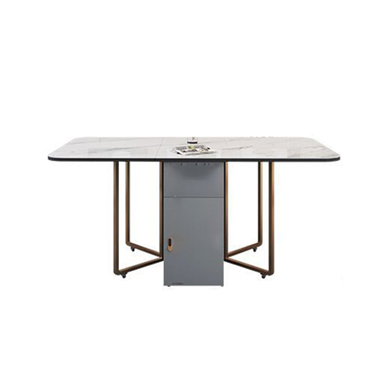 Foldable Sintered Stone Dining Table Modern Rectangle Table with Trestle Base Gray-White Without Chairs Clearhalo 'Dining Tables & Seating' 'Dining Tables' 'dining_table' 'furn' 'furn_dining_table' 'Furniture' 'furniture_dining_table' 'Kitchen & Dining Furniture' 'kitchen' 'kitchen_dining_table' 4830976