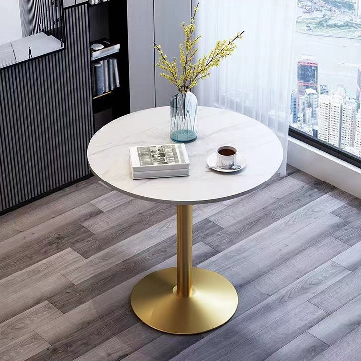 Stone Top Dining Table Round Dining Table with Pedestal Base in Gold White 31.5"L x 31.5"W x 29.5"H Without Chairs Clearhalo 'Dining Tables & Seating' 'Dining Tables' 'dining_table' 'furn' 'furn_dining_table' 'Furniture' 'furniture_dining_table' 'Kitchen & Dining Furniture' 'kitchen' 'kitchen_dining_table' 4831034
