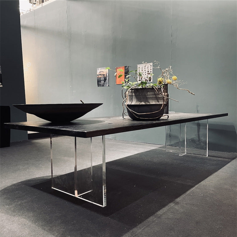 Wood Top Dining Table Modern Table with Double Acrylic Legs for Living Room Black 70.9"L x 31.5"W x 29.5"H Without Chairs Clearhalo 'Dining Tables & Seating' 'Dining Tables' 'dining_table' 'furn' 'furn_dining_table' 'Furniture' 'furniture_dining_table' 'Kitchen & Dining Furniture' 'kitchen' 'kitchen_dining_table' 4831091