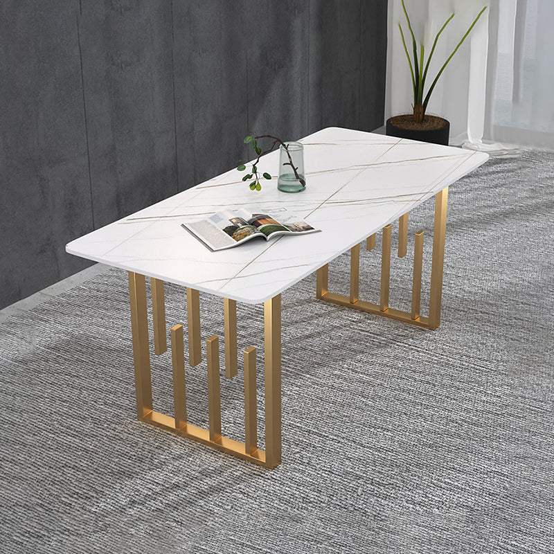 Traditional Luxury Dining Table Metal Double Pedestal Rectangle Counter Dining Table White Gold Without Chairs Clearhalo 'Dining Tables & Seating' 'Dining Tables' 'dining_table' 'furn' 'furn_dining_table' 'Furniture' 'furniture_dining_table' 'Kitchen & Dining Furniture' 'kitchen' 'kitchen_dining_table' 4831225