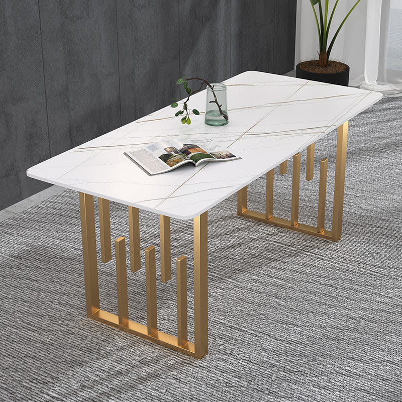 Glam Style Stone Top Double Pedestal Table Home Rectangle Dining Table White Without Chairs Clearhalo 'Dining Tables & Seating' 'Dining Tables' 'dining_table' 'furn' 'furn_dining_table' 'Furniture' 'furniture_dining_table' 'Kitchen & Dining Furniture' 'kitchen' 'kitchen_dining_table' 4831251