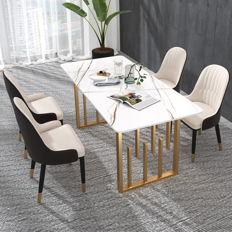 Glam Style Stone Top Double Pedestal Table Home Rectangle Dining Table White 63"L x 31.5"W x 29.5"H Without Chairs Clearhalo 'Dining Tables & Seating' 'Dining Tables' 'dining_table' 'furn' 'furn_dining_table' 'Furniture' 'furniture_dining_table' 'Kitchen & Dining Furniture' 'kitchen' 'kitchen_dining_table' 4831252