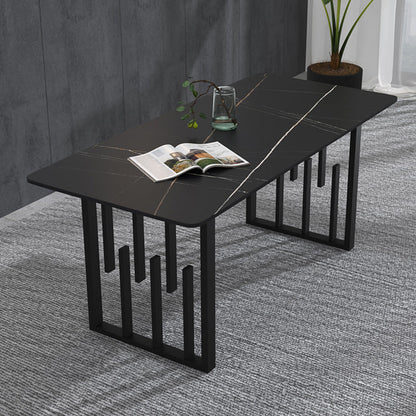 Glam Style Stone Top Double Pedestal Table Home Rectangle Dining Table Black 47.2"L x 23.6"W x 29.5"H Without Chairs Clearhalo 'Dining Tables & Seating' 'Dining Tables' 'dining_table' 'furn' 'furn_dining_table' 'Furniture' 'furniture_dining_table' 'Kitchen & Dining Furniture' 'kitchen' 'kitchen_dining_table' 4831253