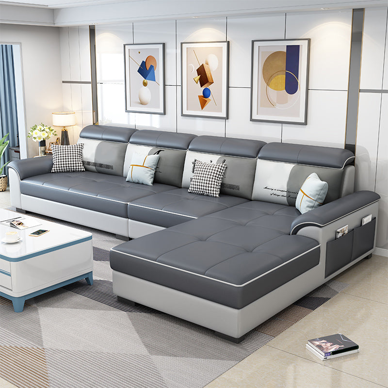 Contemporary 4-seater Sofa Sewn Pillow Back Sectional with Storage Black Clearhalo 'furn' 'furn_sofas' 'Furniture' 'furniture_sectionals' 'kitchen' 'kitchen_sofas' 'Living Room Furniture' 'Sectionals' 'Sofa' 'sofas' 4836085