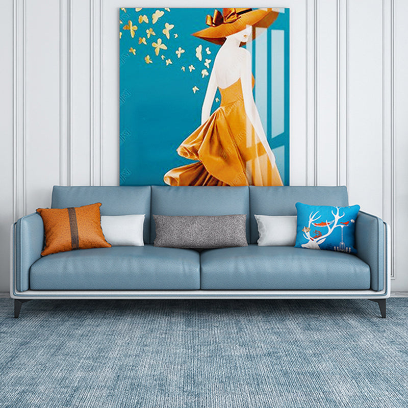 Contemporary Upholstered Sofa Blue Sewn Pillow Back Couch with Tuxedo Arm 83"L x 35.5"W x 33.5"H Memory Foam Clearhalo 'furn' 'furn_sofas' 'Furniture' 'furniture_sofas' 'kitchen' 'kitchen_sofas' 'Living Room Furniture' 'Sofa' 'sofas' 4836102