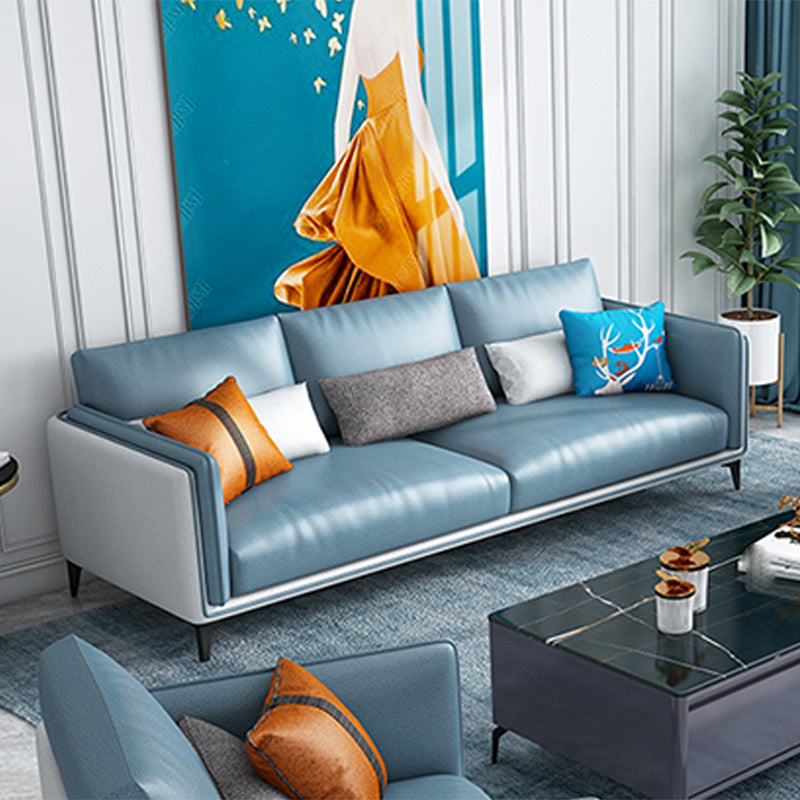 Contemporary Upholstered Sofa Blue Sewn Pillow Back Couch with Tuxedo Arm 83"L x 35.5"W x 33.5"H Latex Clearhalo 'furn' 'furn_sofas' 'Furniture' 'furniture_sofas' 'kitchen' 'kitchen_sofas' 'Living Room Furniture' 'Sofa' 'sofas' 4836103