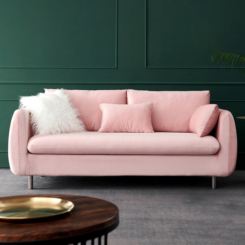 Contemporary Standard Sofa Square Arm Settee Couch with 2 Pillows Pink Velvet Clearhalo 'furn' 'furn_sofas' 'Furniture' 'furniture_sofas' 'kitchen' 'kitchen_sofas' 'Living Room Furniture' 'Sofa' 'sofas' 4836351
