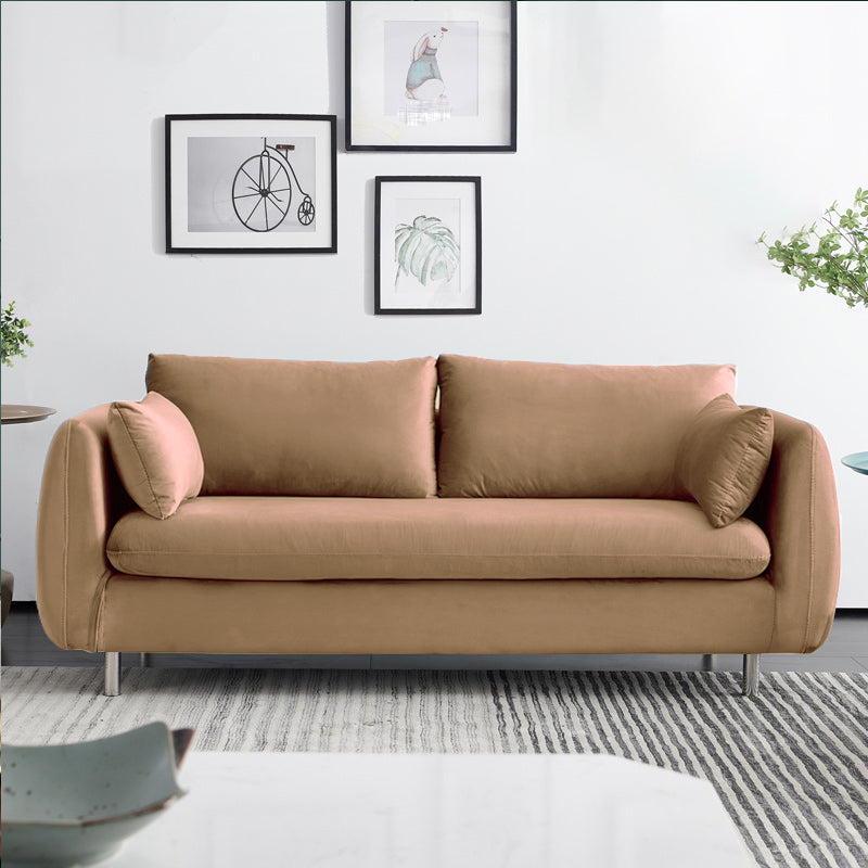 Contemporary Standard Sofa Square Arm Settee Couch with 2 Pillows Khaki Velvet Clearhalo 'furn' 'furn_sofas' 'Furniture' 'furniture_sofas' 'kitchen' 'kitchen_sofas' 'Living Room Furniture' 'Sofa' 'sofas' 4836360