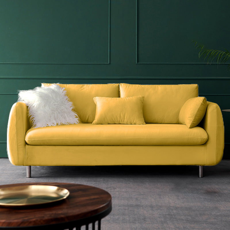 Contemporary Standard Sofa Square Arm Settee Couch with 2 Pillows Yellow Velvet Clearhalo 'furn' 'furn_sofas' 'Furniture' 'furniture_sofas' 'kitchen' 'kitchen_sofas' 'Living Room Furniture' 'Sofa' 'sofas' 4836367