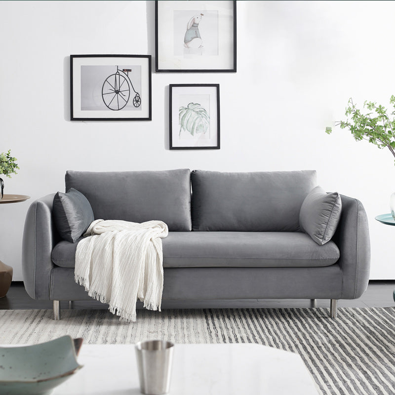 Contemporary Standard Sofa Square Arm Settee Couch with 2 Pillows Grey Velvet Clearhalo 'furn' 'furn_sofas' 'Furniture' 'furniture_sofas' 'kitchen' 'kitchen_sofas' 'Living Room Furniture' 'Sofa' 'sofas' 4836370