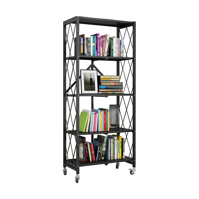 Industrial Folding Etagere Bookshelf Metal Open Bookshelf with Caster Wheels 28.1"L x 14.4"W x 64.2"H Black Clearhalo 'Bookcases' 'furn' 'furn_bookcases' 'Furniture' 'furniture_bookcases' 'kitchen' 'kitchen_bookcases' 'Living Room Furniture' 'Office Furniture' 4844612