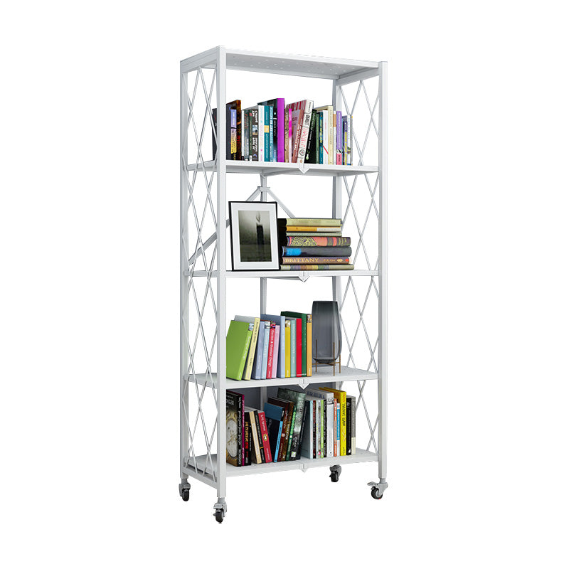 Industrial Folding Etagere Bookshelf Metal Open Bookshelf with Caster Wheels 28.1"L x 14.4"W x 64.2"H White Clearhalo 'Bookcases' 'furn' 'furn_bookcases' 'Furniture' 'furniture_bookcases' 'kitchen' 'kitchen_bookcases' 'Living Room Furniture' 'Office Furniture' 4844617