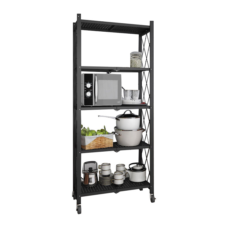 Industrial Folding Etagere Bookshelf Metal Open Bookshelf with Caster Wheels 24"L x 14.4"W x 64.2"H Black Clearhalo 'Bookcases' 'furn' 'furn_bookcases' 'Furniture' 'furniture_bookcases' 'kitchen' 'kitchen_bookcases' 'Living Room Furniture' 'Office Furniture' 4844631