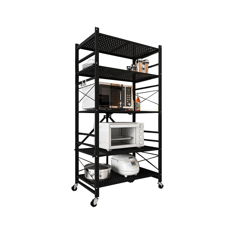 Industrial Folding Etagere Bookshelf Metal Open Bookshelf with Caster Wheels 31.9"L x 13.4"W x 63"H Black Clearhalo 'Bookcases' 'furn' 'furn_bookcases' 'Furniture' 'furniture_bookcases' 'kitchen' 'kitchen_bookcases' 'Living Room Furniture' 'Office Furniture' 4844640