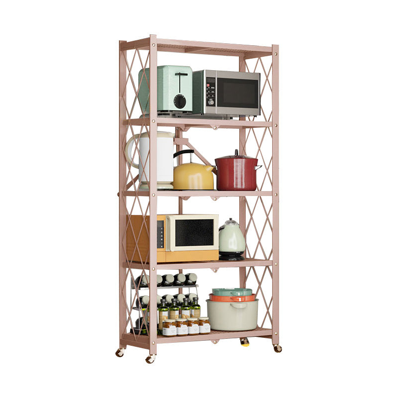 Industrial Folding Etagere Bookshelf Metal Open Bookshelf with Caster Wheels 28"L x 14.2"W x 63.4"H Pink Clearhalo 'Bookcases' 'furn' 'furn_bookcases' 'Furniture' 'furniture_bookcases' 'kitchen' 'kitchen_bookcases' 'Living Room Furniture' 'Office Furniture' 4844643