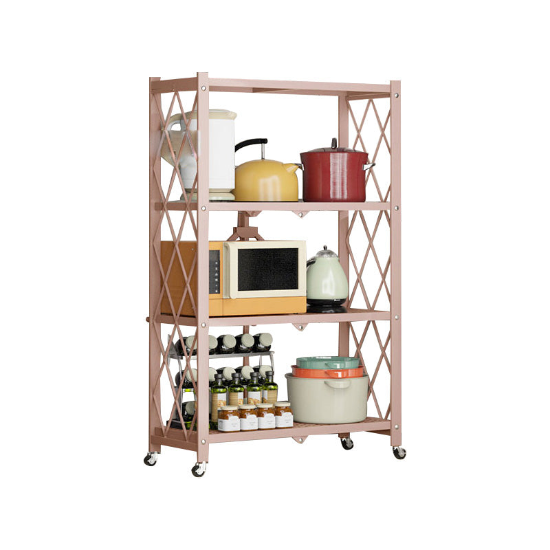 Industrial Folding Etagere Bookshelf Metal Open Bookshelf with Caster Wheels 28"L x 14.2"W x 49.2"H Pink Clearhalo 'Bookcases' 'furn' 'furn_bookcases' 'Furniture' 'furniture_bookcases' 'kitchen' 'kitchen_bookcases' 'Living Room Furniture' 'Office Furniture' 4844645